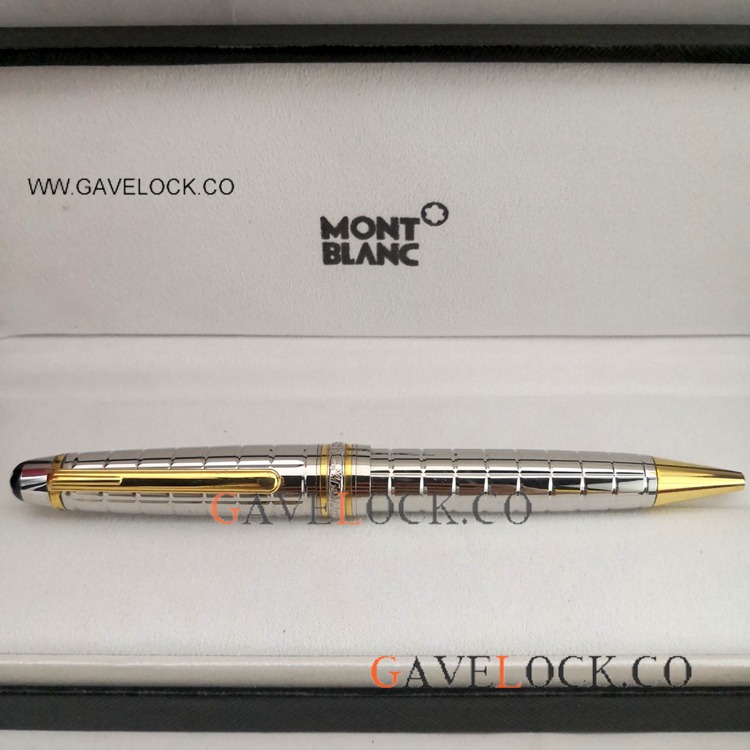 AAA Grade MontBlanc Meisterstuck Ballpoint Pen Silver Plaid Gold Clip